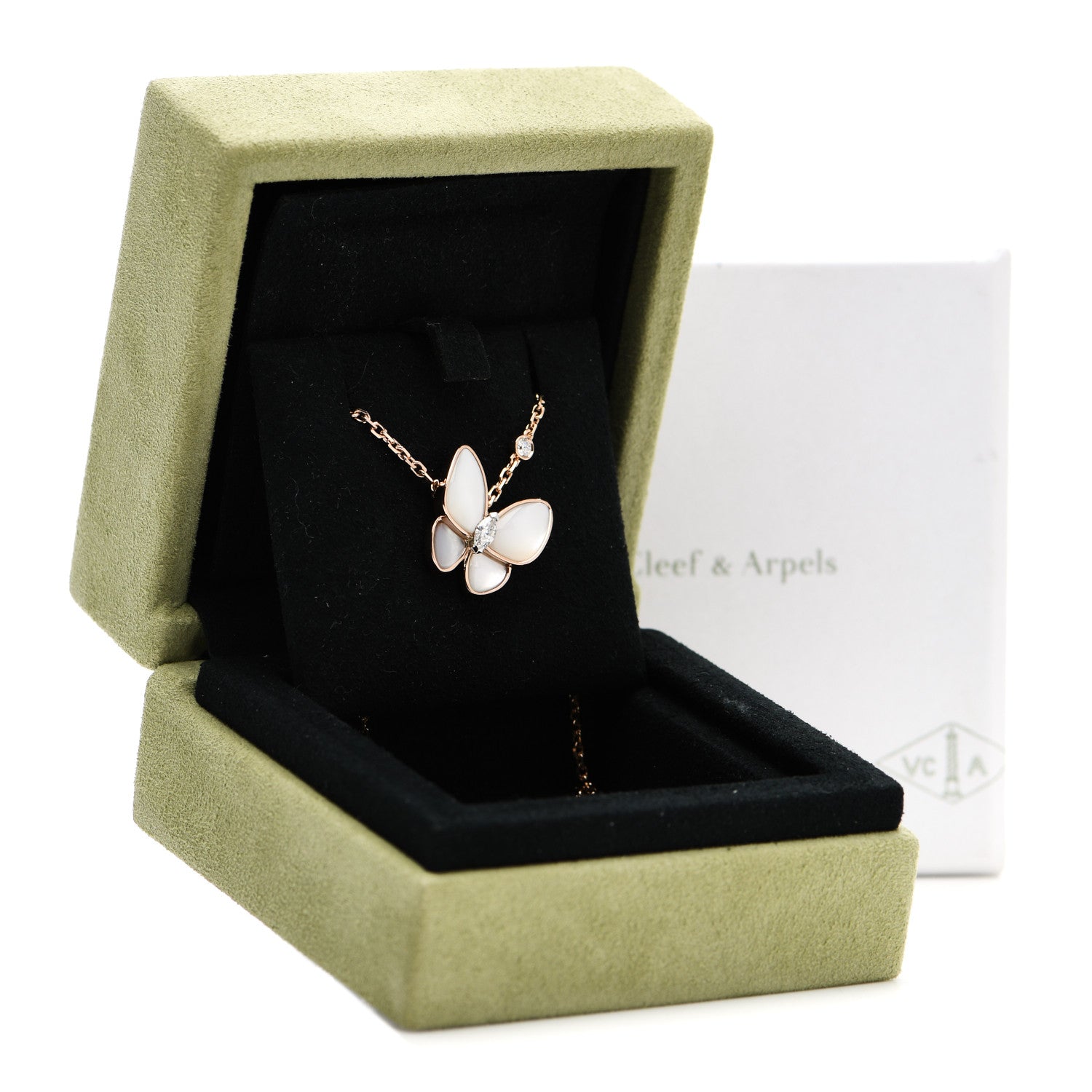 Van Cleef & Arpels 18K Rose Gold Diamond Mother of Pearl Two Butterfly Pendant Necklace 5 of 5