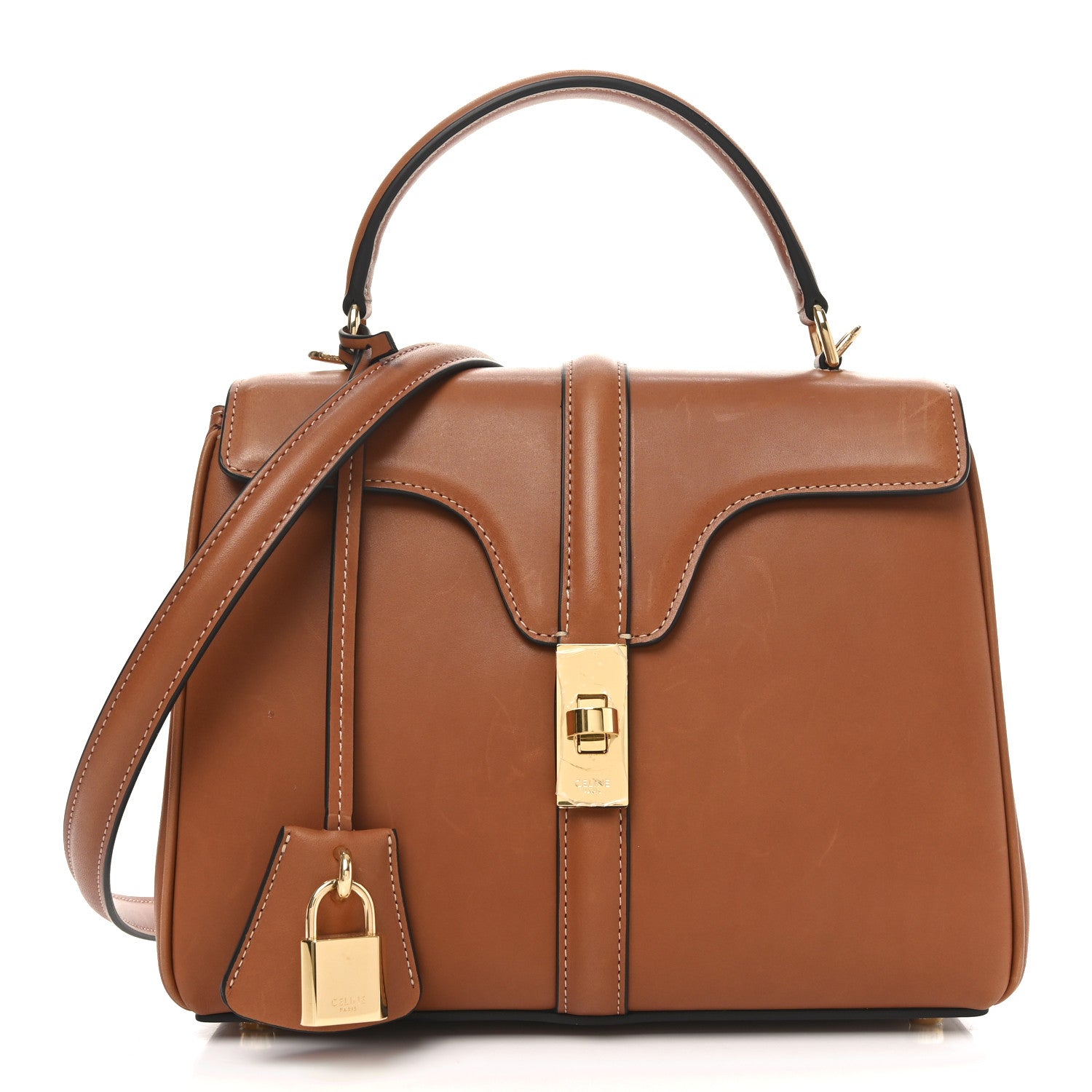 Celine Satinated Calfskin Small 16 Top Handle Bag Tan 1751366 ...