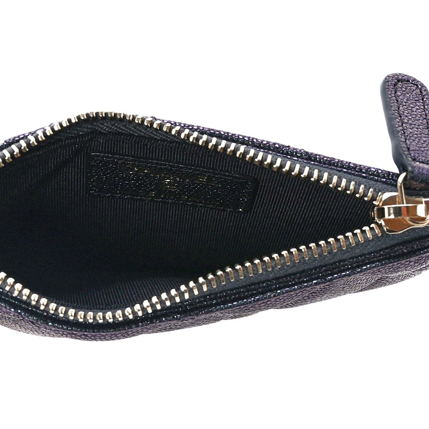 Iridescent Caviar Quilted Flap Zip Card Holder Black
