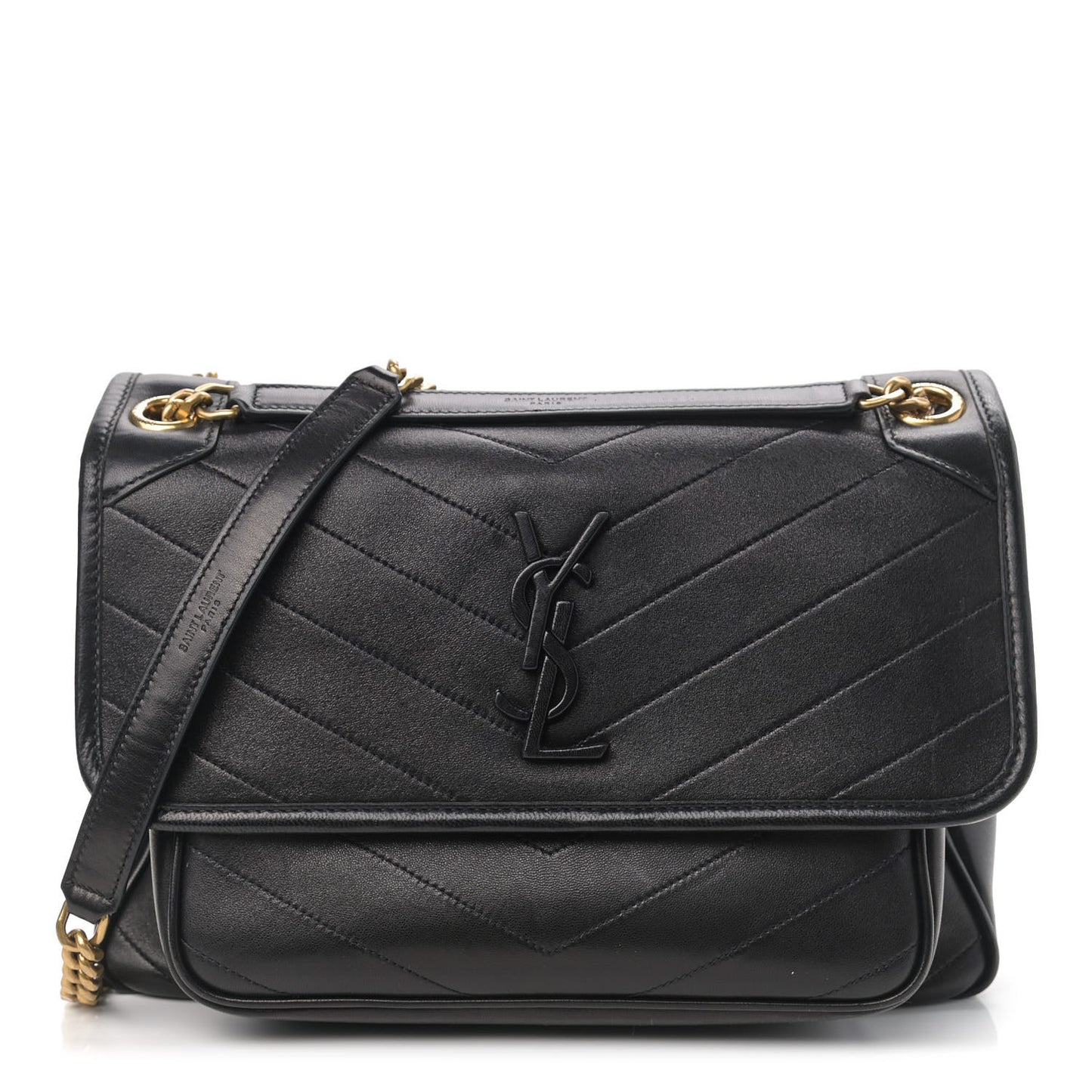 Lambskin Matelasse Monogram Medium Niki Chain Satchel Black