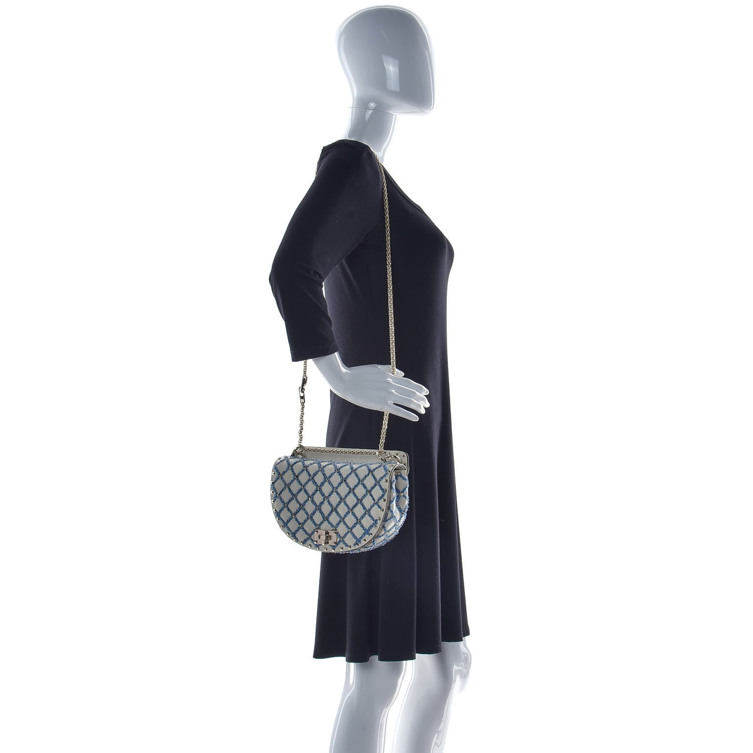 Valentino Garavani Nappa Denim Medium Rockstud Spike Halfmoon Saddle Bag Ivory Blue 3 of 14