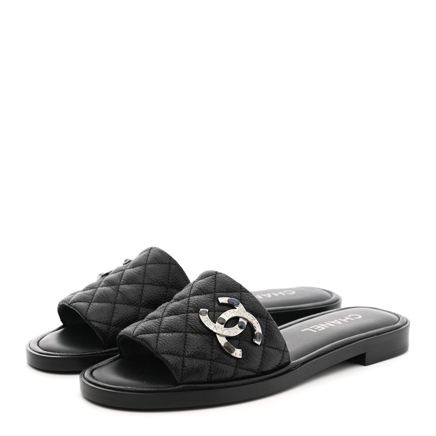 Shiny Goatskin Quilted CC Mules Sandals 39 Black