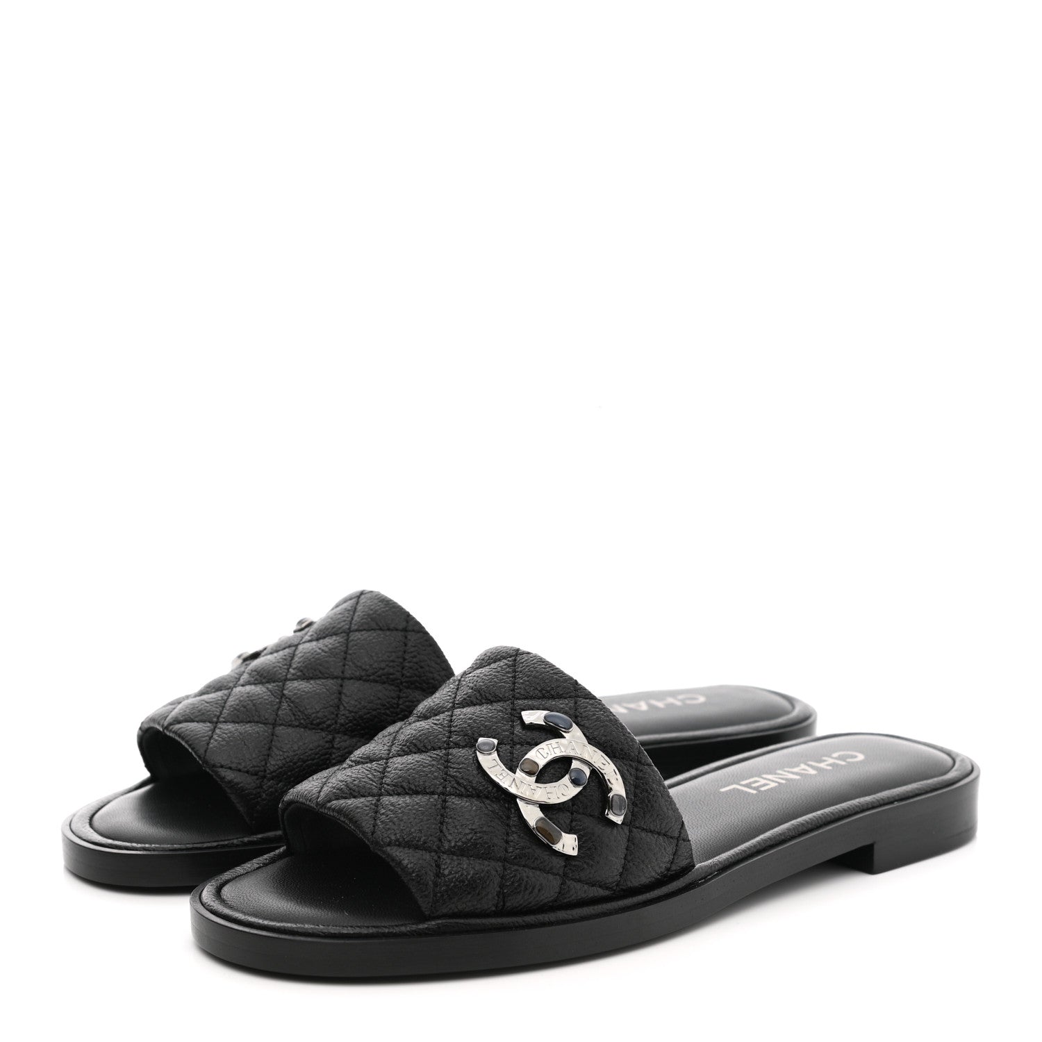 Chanel Shiny Goatskin Quilted CC Mules Sandals 39 Black 3 of 9