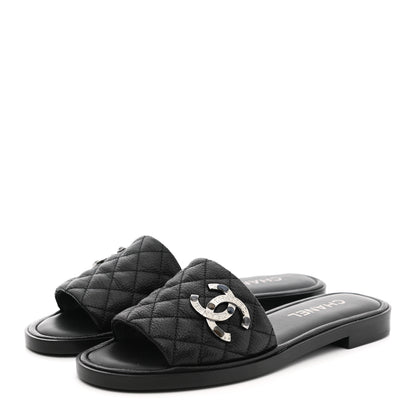 Chanel Shiny Goatskin Quilted CC Mules Sandals 39 Black 3 of 9