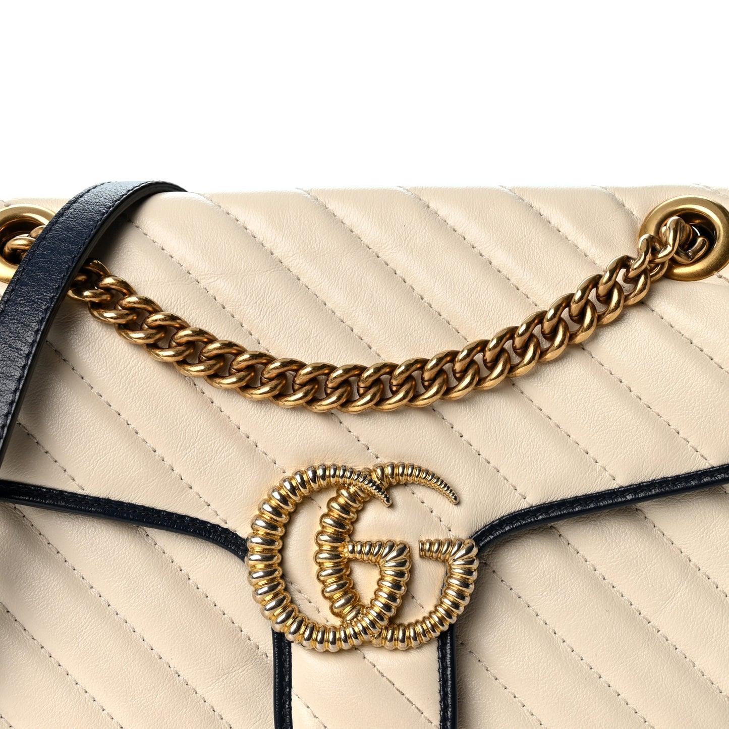 Vintage Effect Calfskin Matelasse Diagonal Small Torchon GG Marmont Shoulder Bag Mystic White Blue Agata