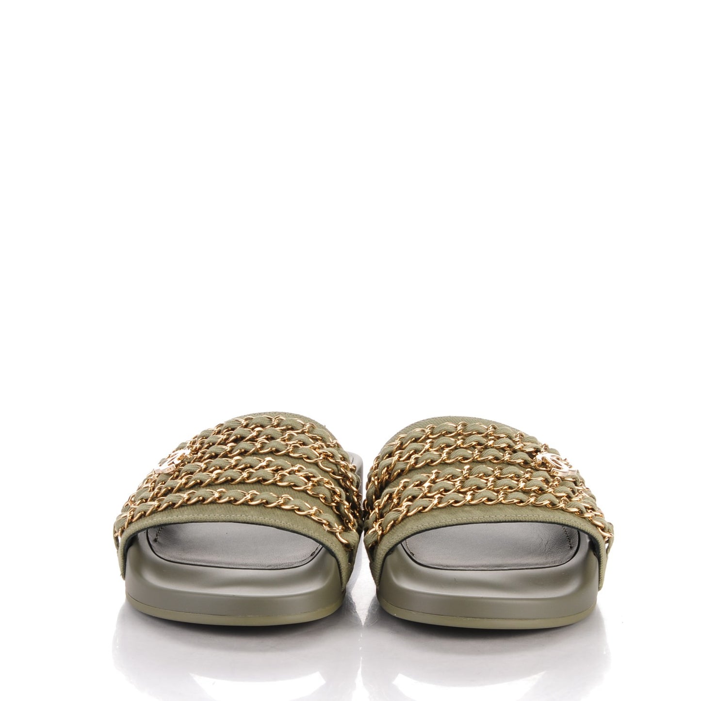 Lambskin Canvas Chain Flat Sandals 37 Green