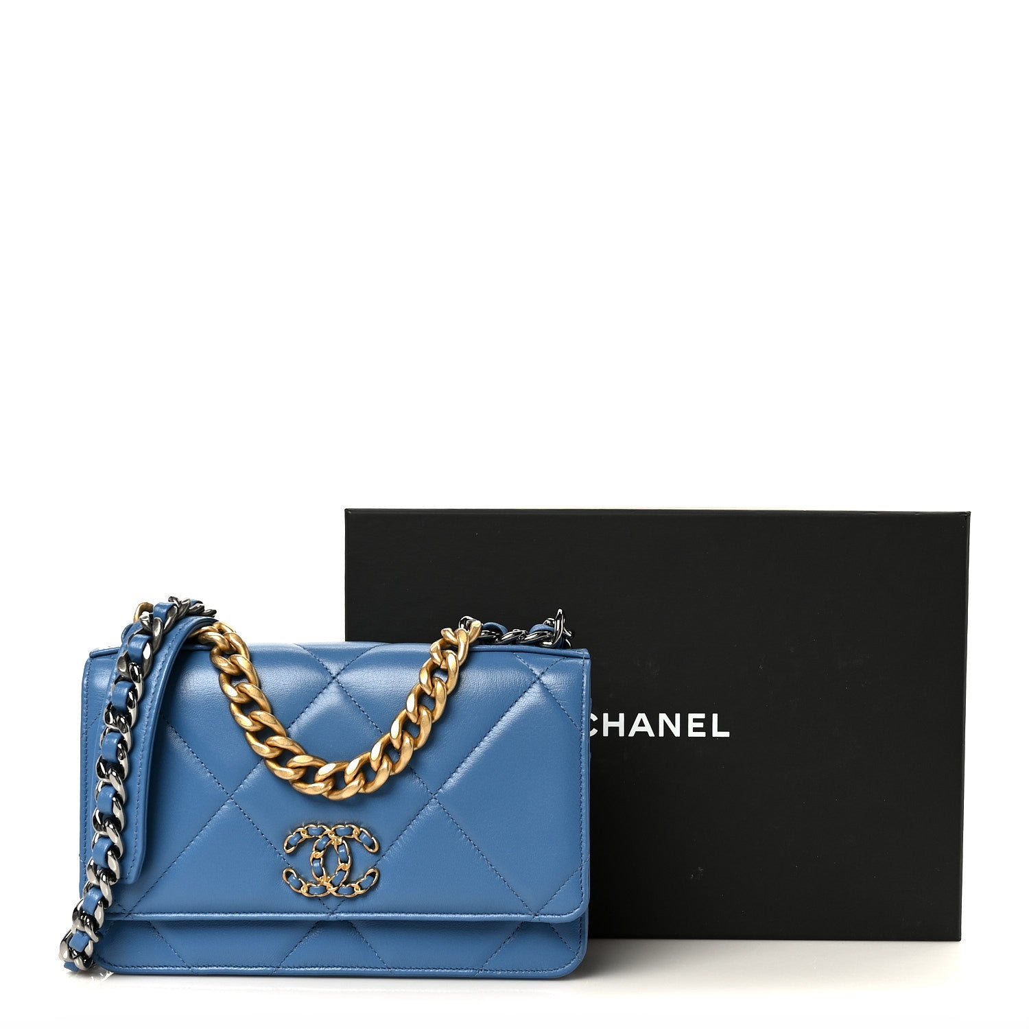 Chanel Lambskin Quilted Chanel 19 Wallet On Chain WOC Blue 12 of 12