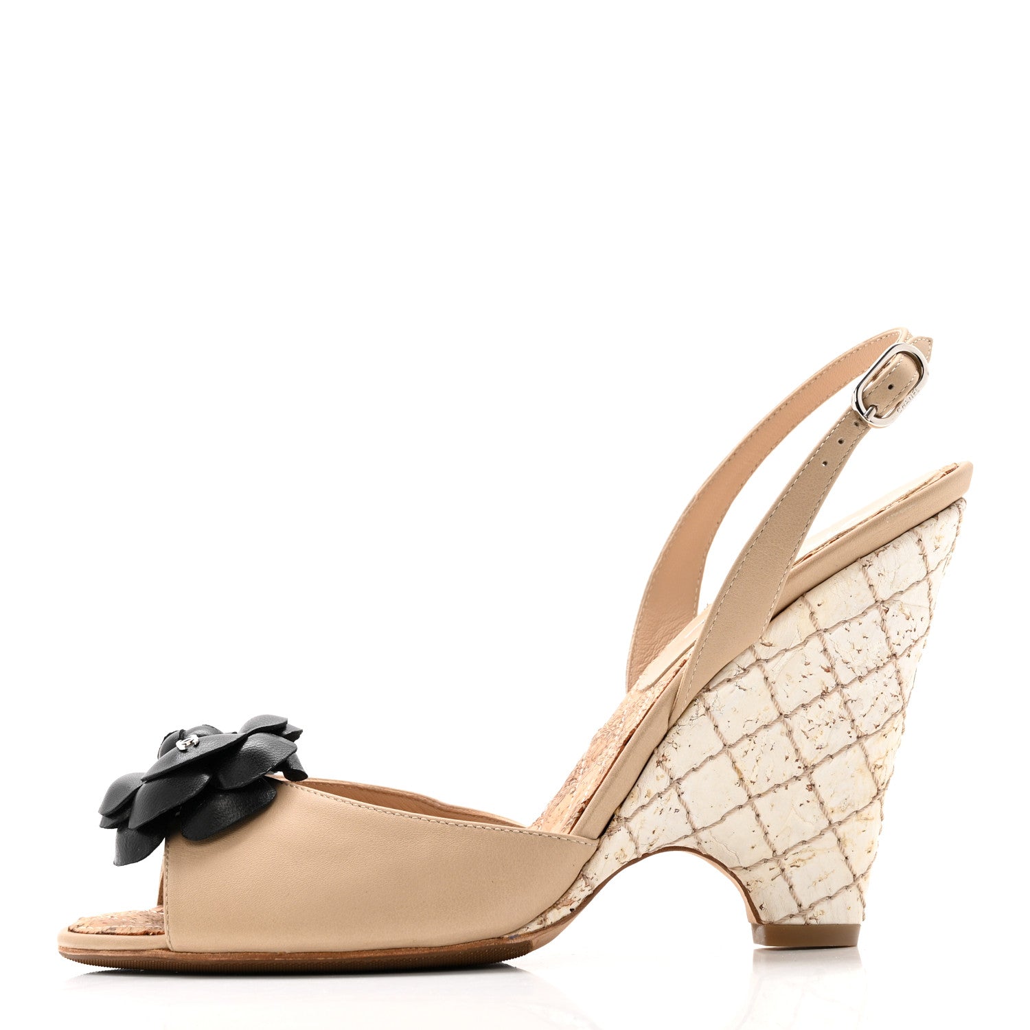 Chanel Lambskin Slingback Camellia Wedge Sandals 40 Beige Black 1 of 12