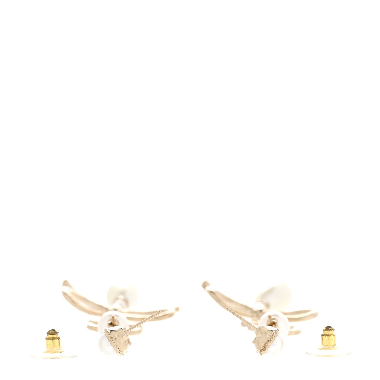Pearl Crystal CC Bow Long Drop Earrings Gold Pearly White