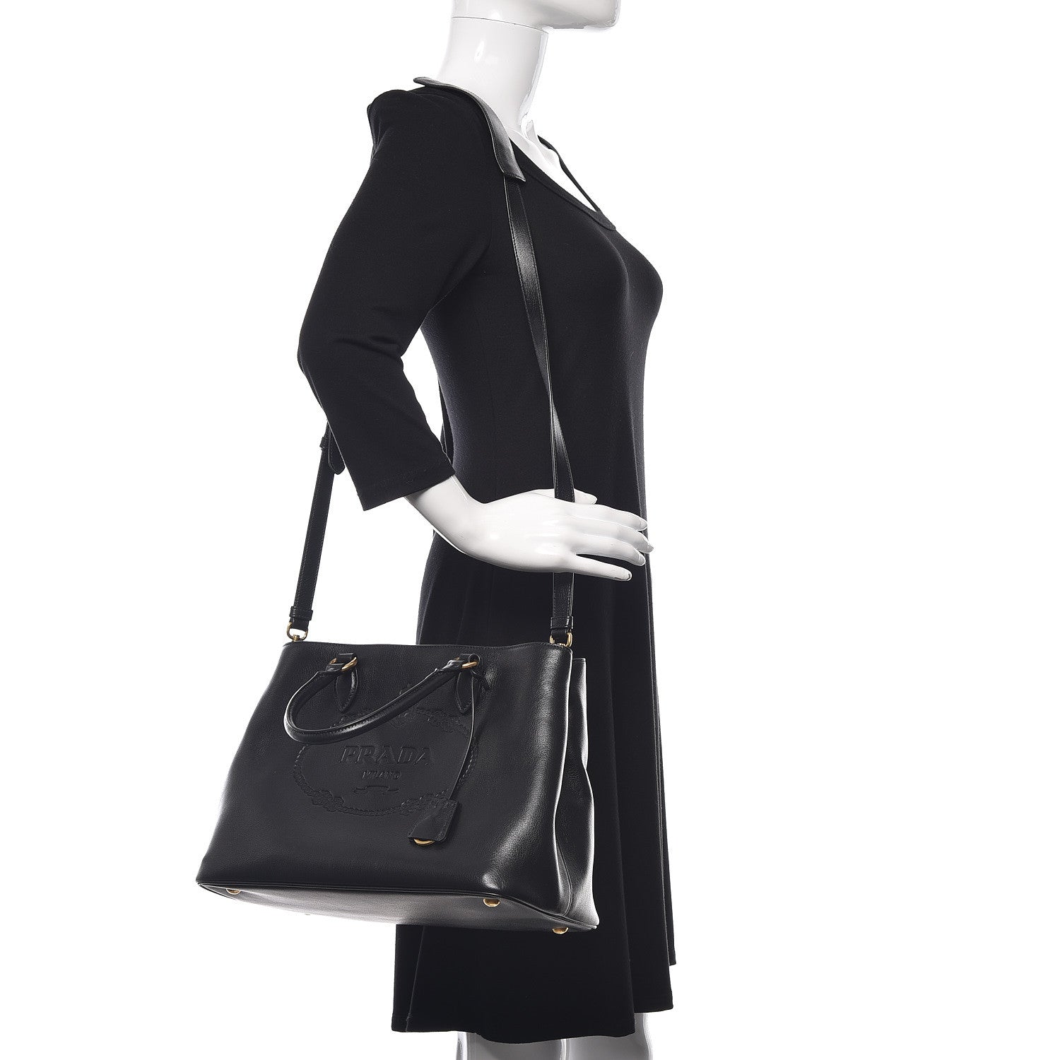 Prada Glace Calfskin Embossed Logo Tote Black 3 of 11
