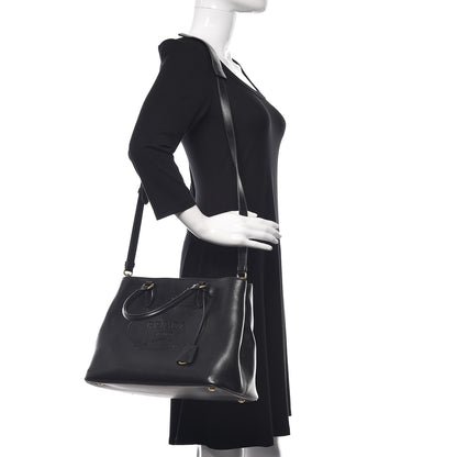 Prada Glace Calfskin Embossed Logo Tote Black 3 of 11