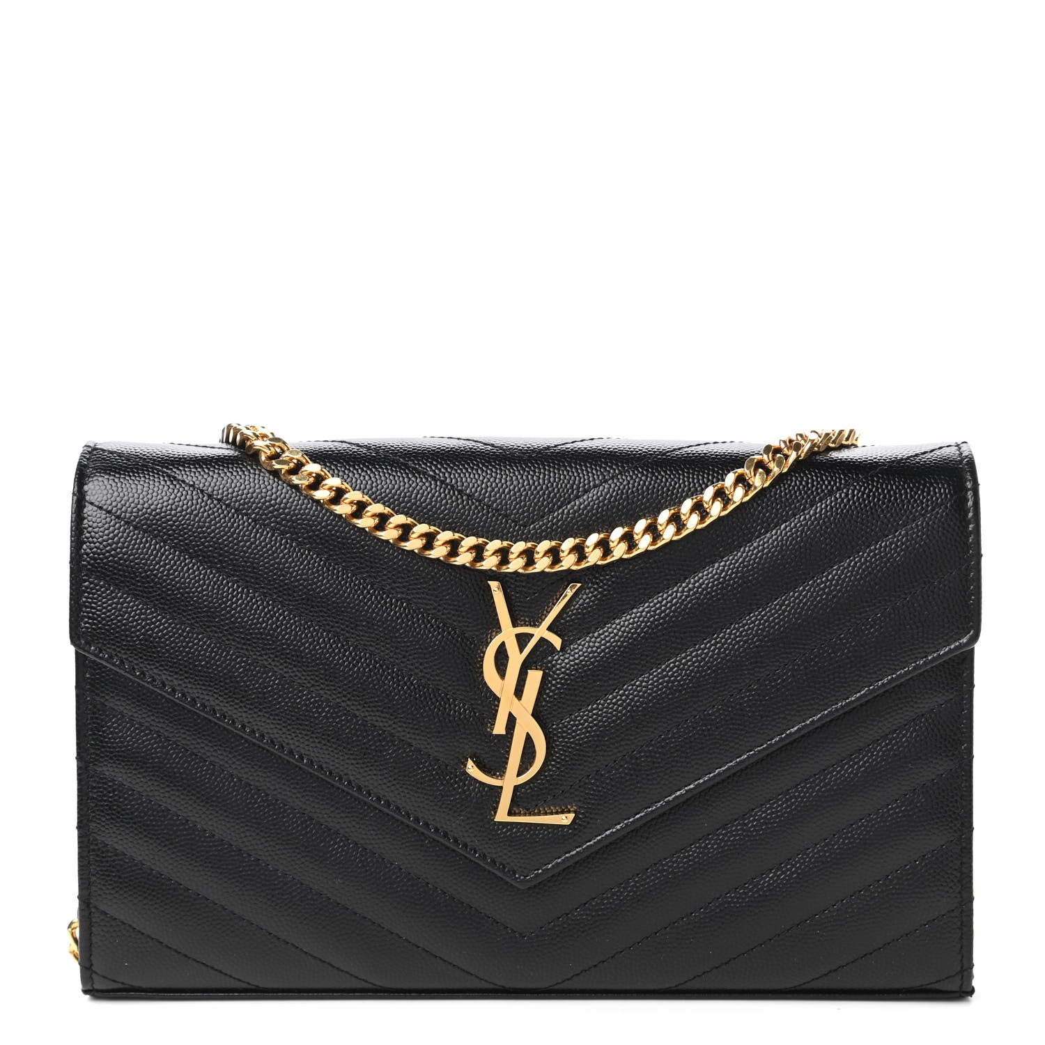 Saint Laurent Grain De Poudre Matelasse Chevron Monogram Chain Wallet Black 1 of 11
