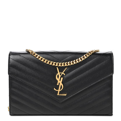 Saint Laurent Grain De Poudre Matelasse Chevron Monogram Chain Wallet Black 1 of 11