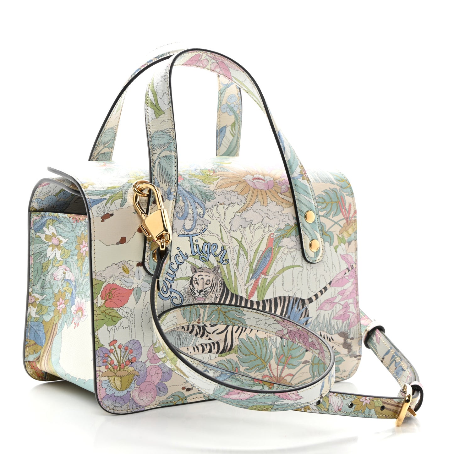 New Shangai Calfskin Tiger Savanah Mini Horsebit 1955 Foldover Top Handle Bag Chalky White Multicolor
