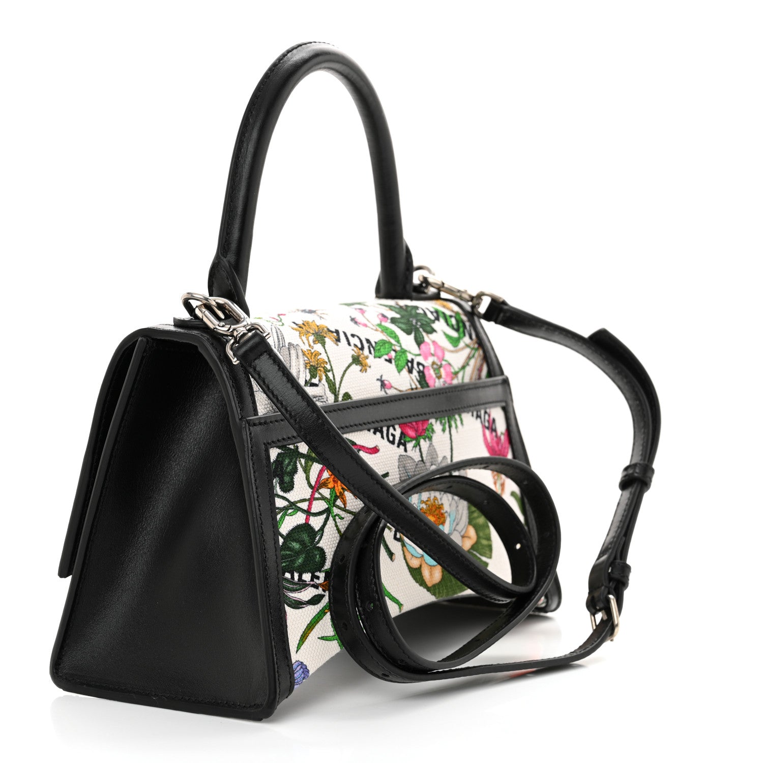 Balenciaga X GUCCI Canvas Boarded Plutone Calfskin Flora Logo Print Small Hourglass Top Handle Bag White Multicolor Black 3 of 11