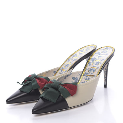 Gucci Malaga Kid Web Bow Mid Heel Mules 41.5 Black Vintage White 3 of 10