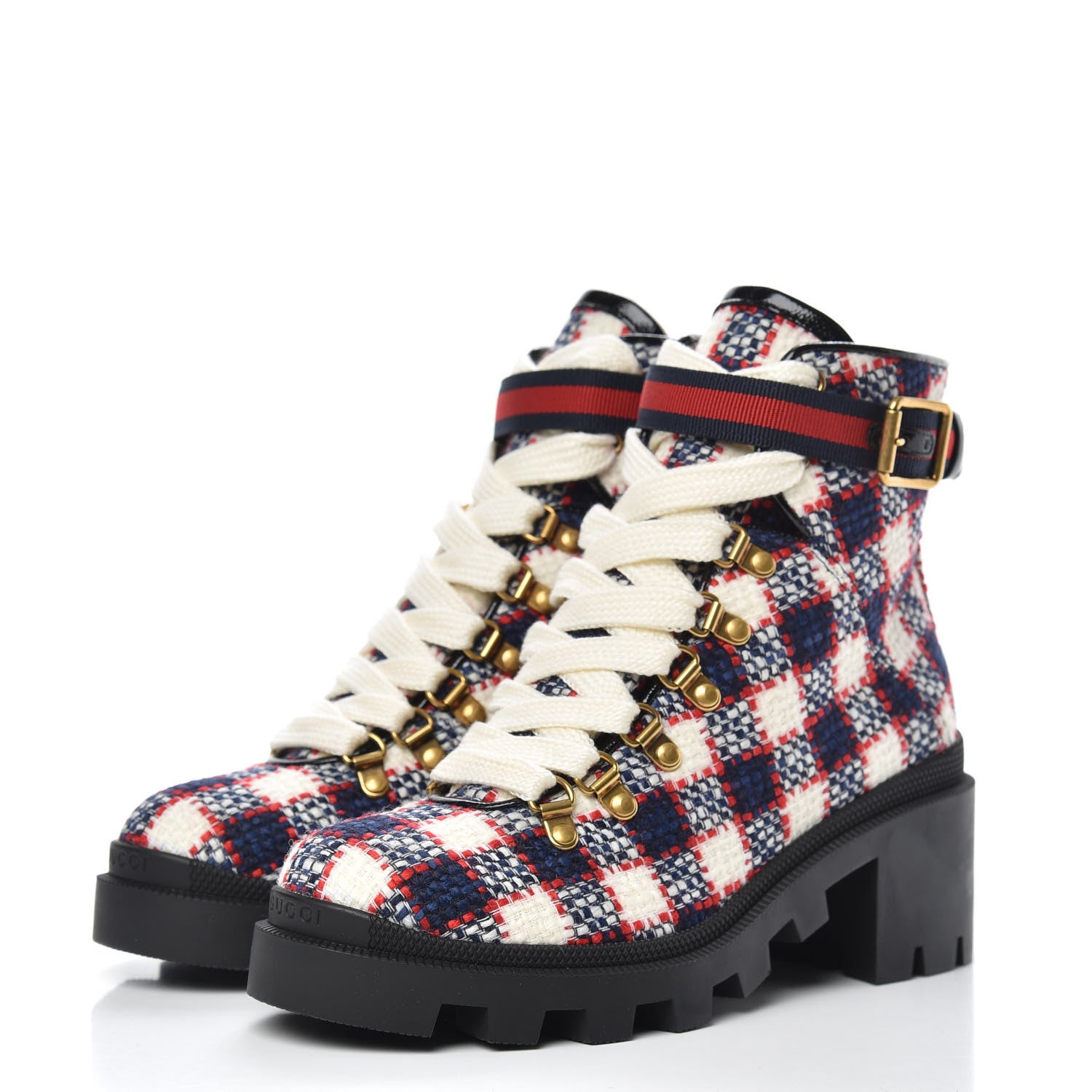 Gucci Vintage Tweed Check Lace Up Combat Ankle Boots 37 White Hibiscus Red Marine 3 of 8