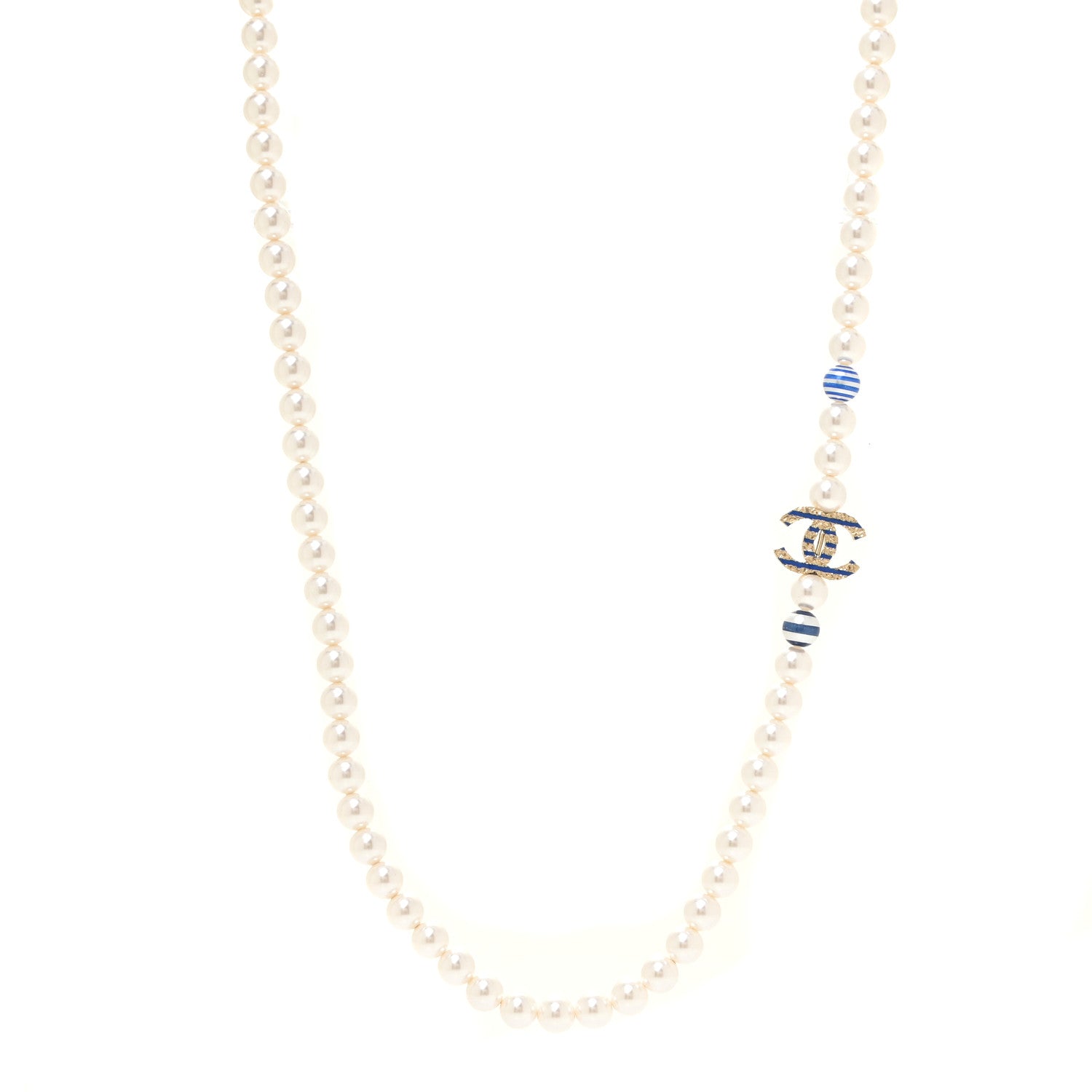 Chanel Resin Pearl Striped CC Long Necklace Blue Gold 1 of 4