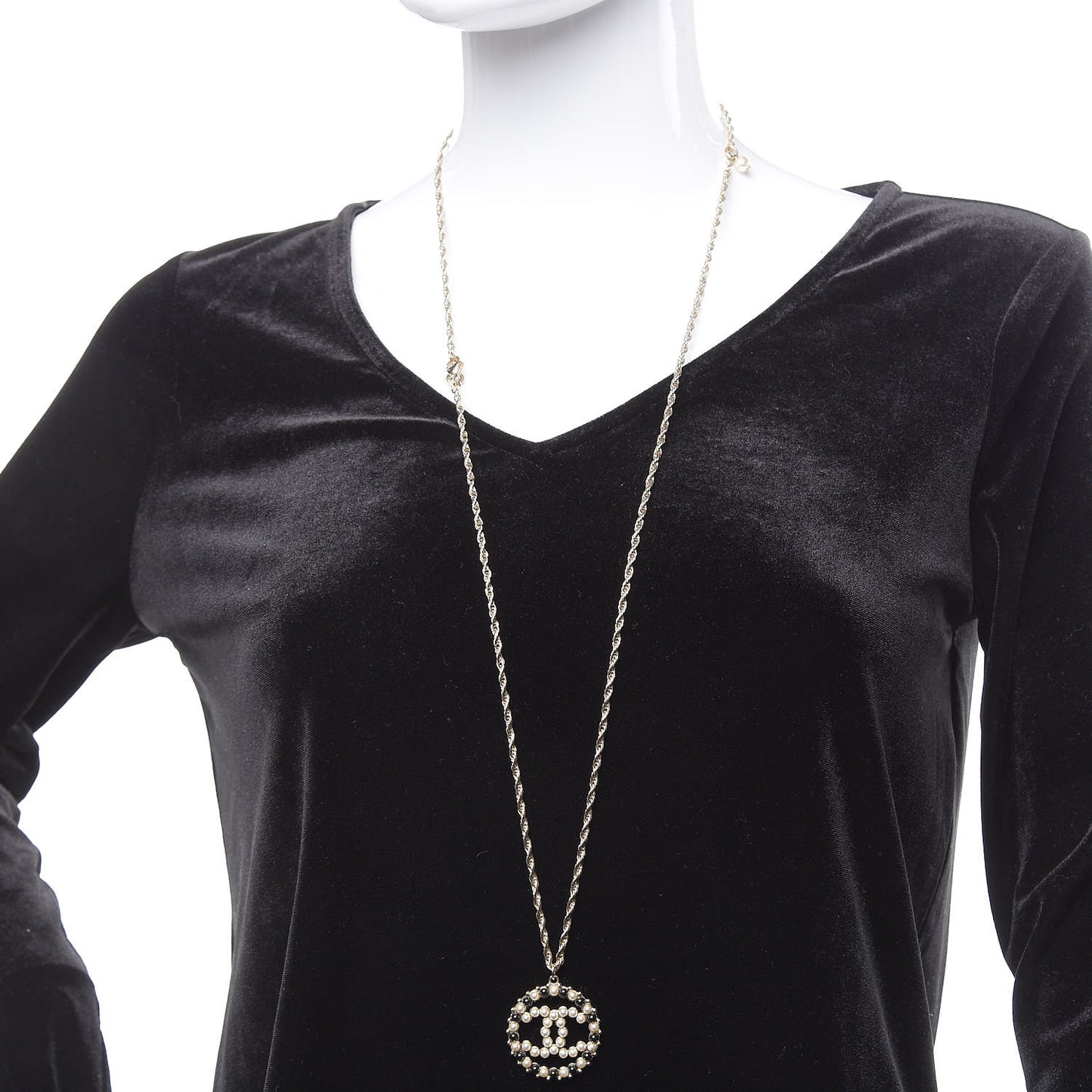 Pearl Bead CC Medallion Necklace Gold Pearly White Black