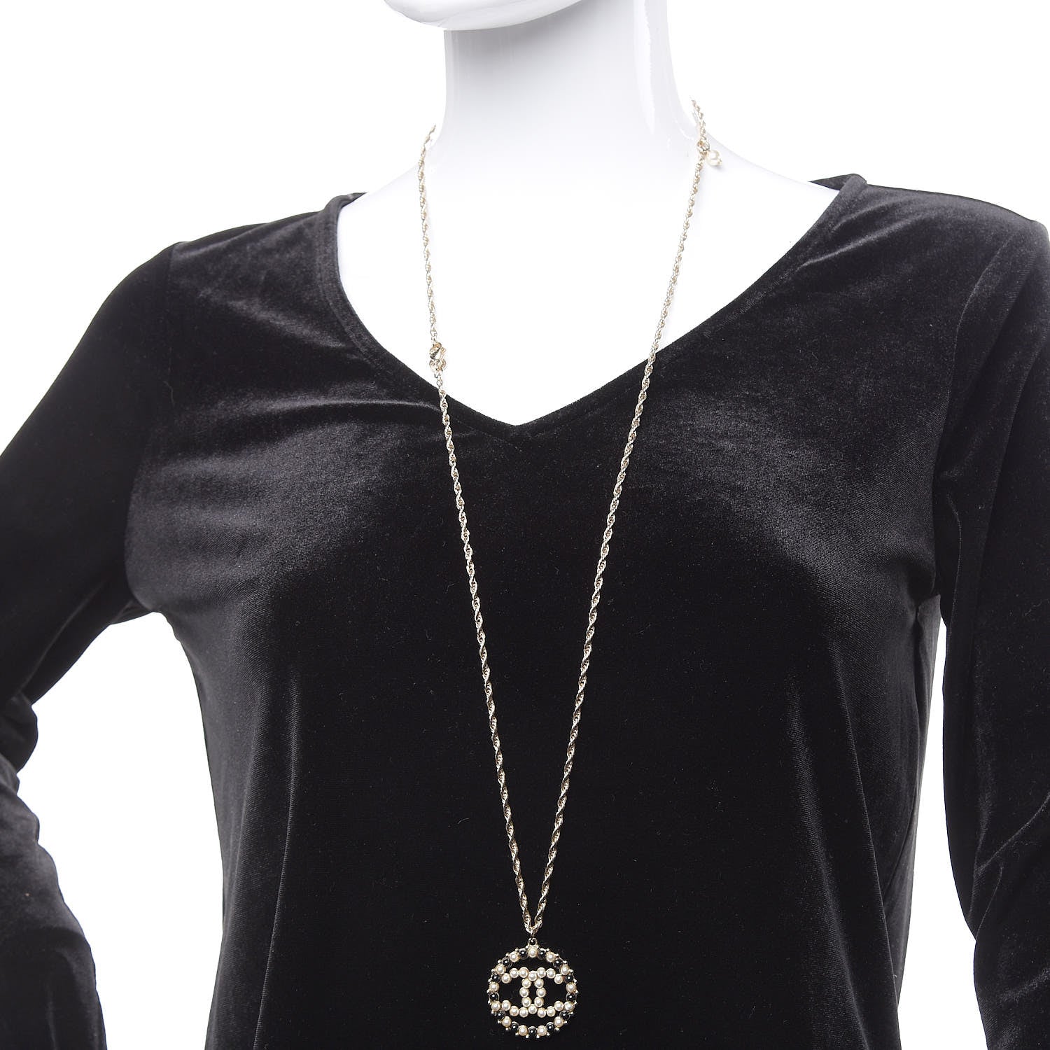 Chanel Pearl Bead CC Medallion Necklace Gold Pearly White Black 2 of 6