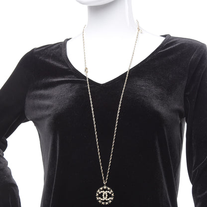 Chanel Pearl Bead CC Medallion Necklace Gold Pearly White Black 2 of 6