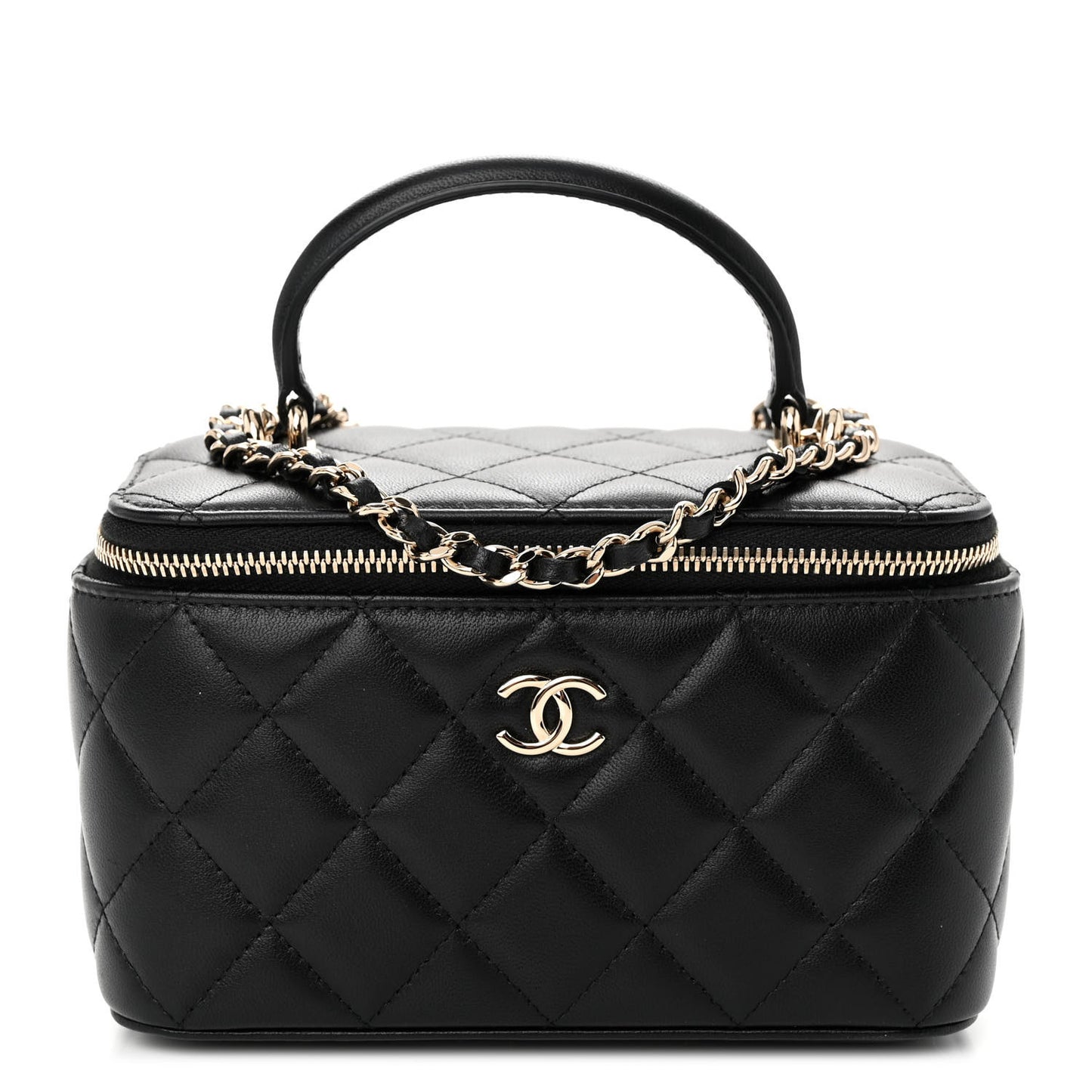 Lambskin Quilted Small Top Handle Vanity Case With Chain Black