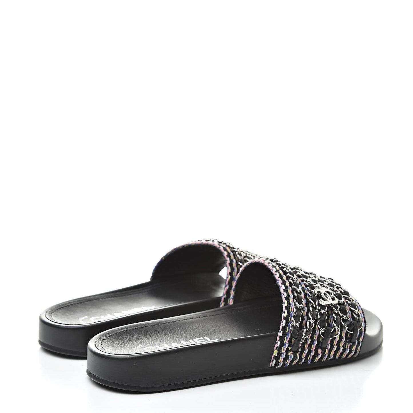 Tweed Lambskin Chain Flat Sandals 37 Black Multicolor