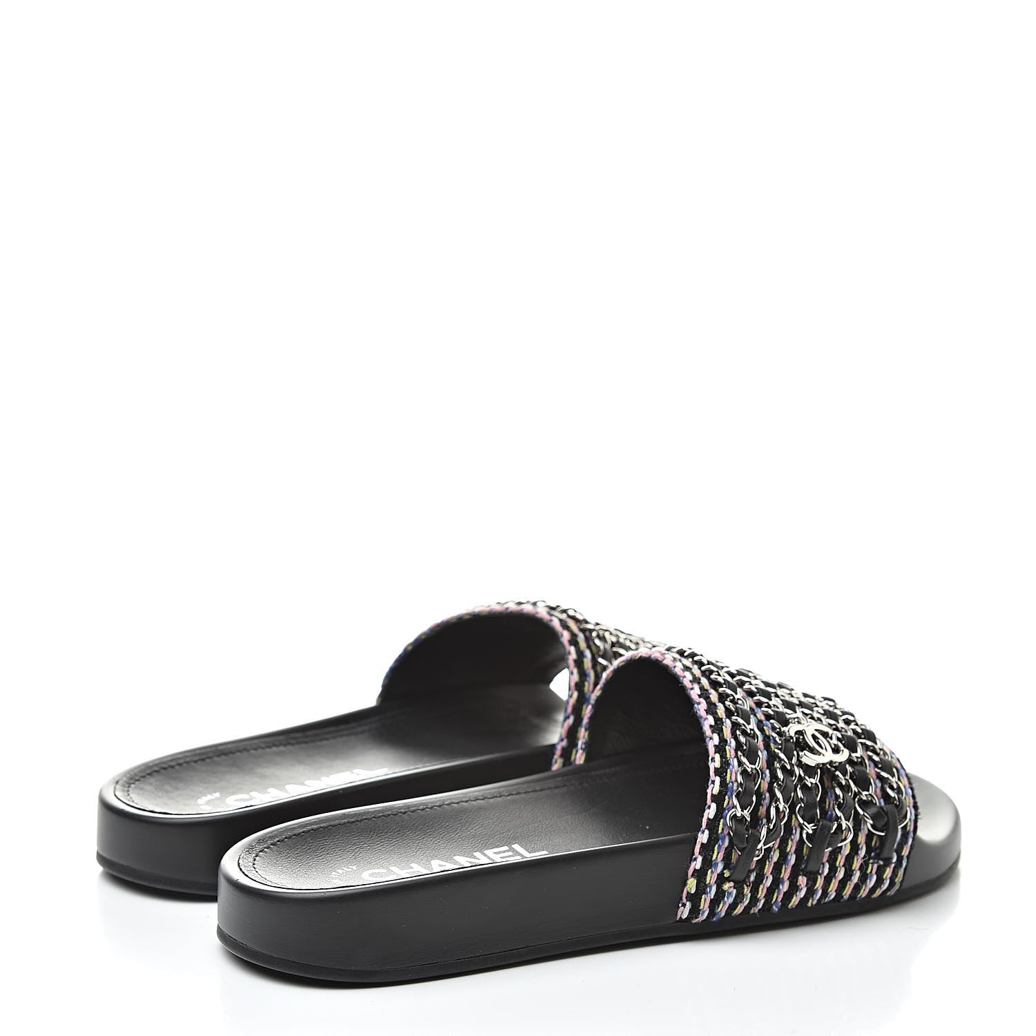 Chanel Tweed Lambskin Chain Flat Sandals 37 Black Multicolor 4 of 9
