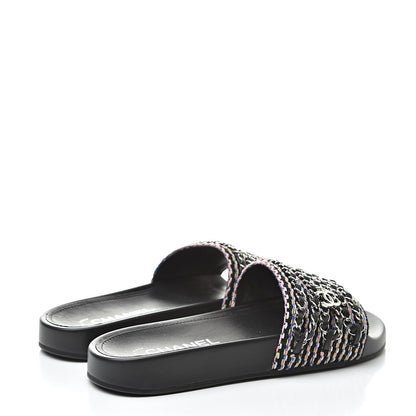 Chanel Tweed Lambskin Chain Flat Sandals 37 Black Multicolor 4 of 9