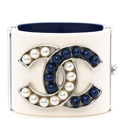 Chanel Resin Pearl CC Cuff Cream White Blue 1 of 7