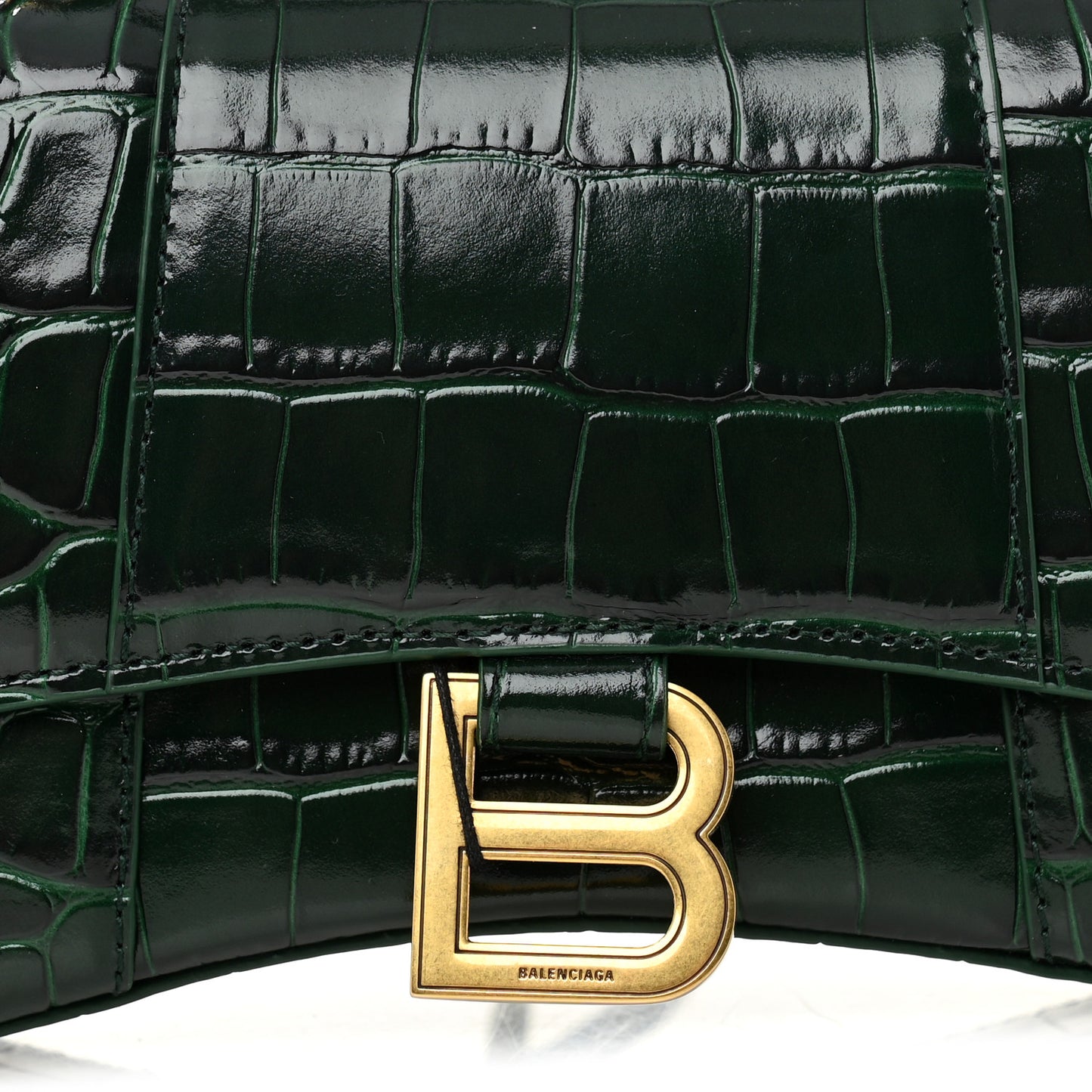 Shiny Calfskin Crocodile Embossed Hourglass Top Handle Bag XS Forest Green