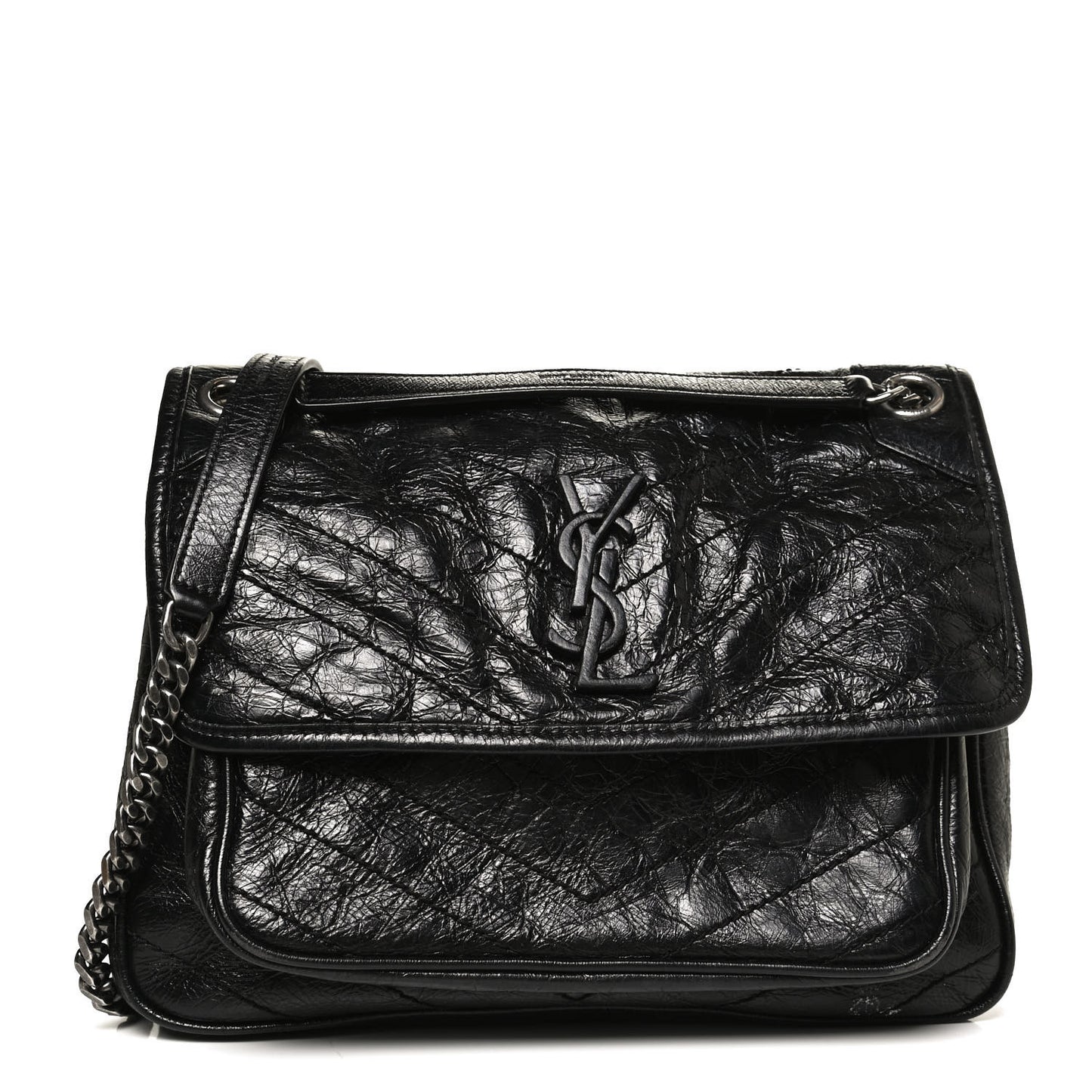 Crinkled Calfskin Matelasse Monogram Medium Niki Chain Satchel Black