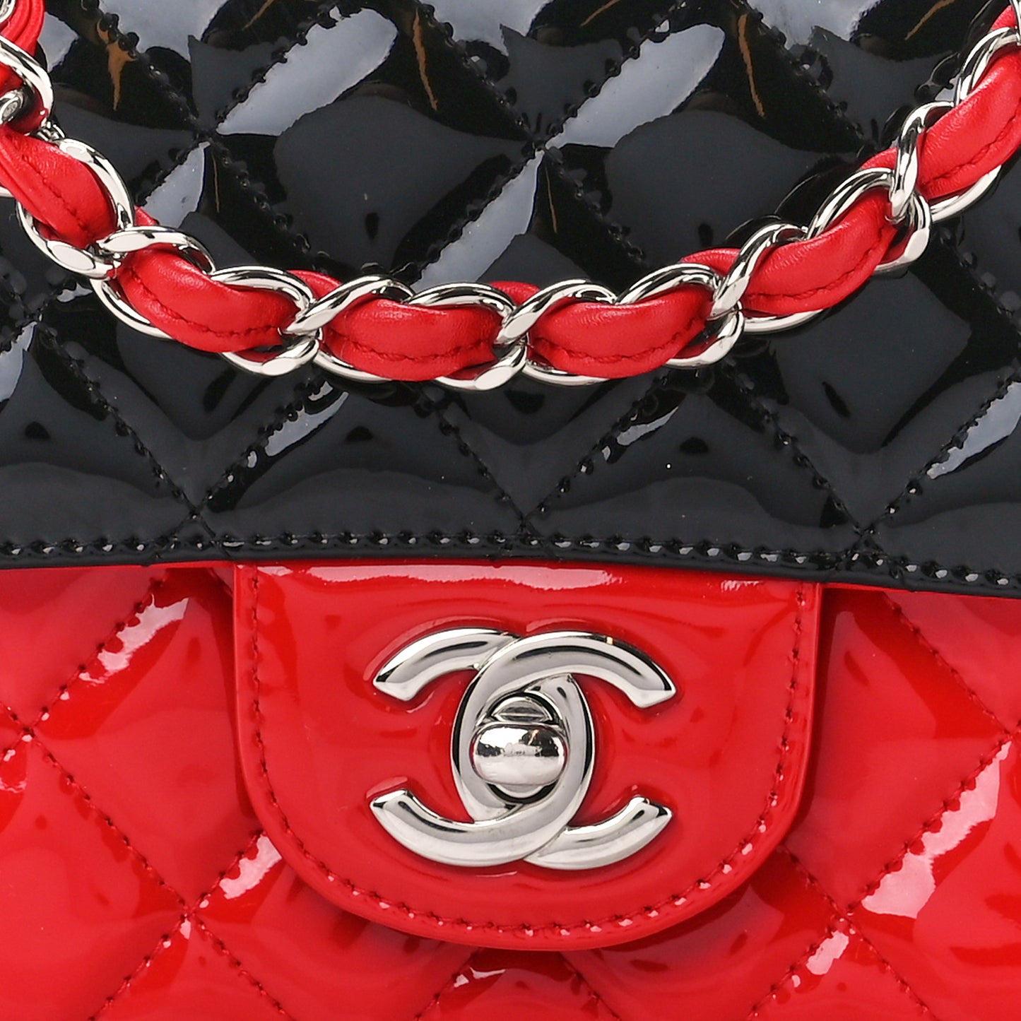 Patent Calfskin Quilted Bi-Color Mini Rectangular Flap Red Black