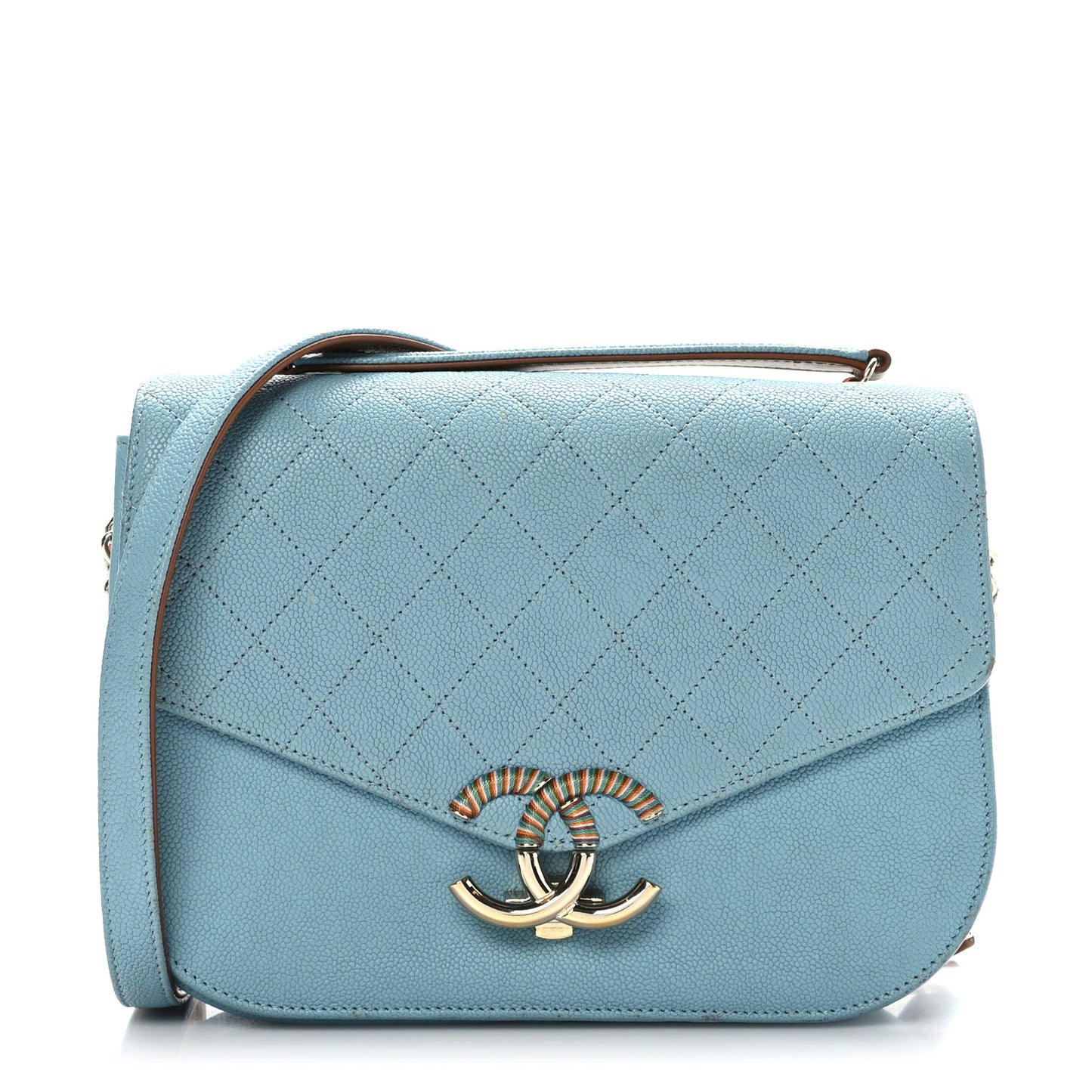 Grained Calfskin Quilted Medium Cuba Top Handle Flap Blue