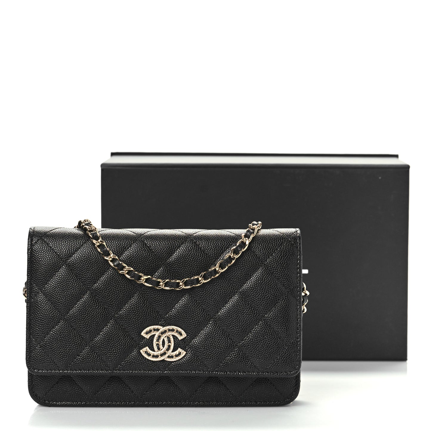 Caviar Quilted Crystal CC Wallet On Chain WOC Black