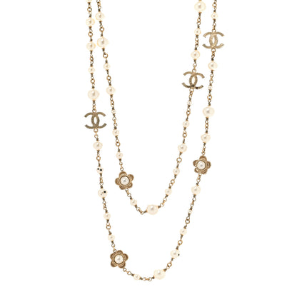 Chanel Pearl Bead CC Flower Long Necklace Gold 1 of 5