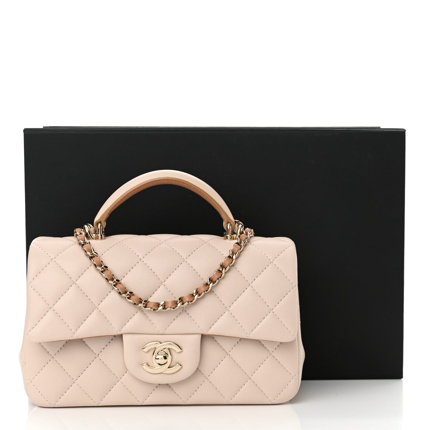 Lambskin Quilted Bi-Color Mini Top Handle Rectangular Flap Ecru Dark Beige