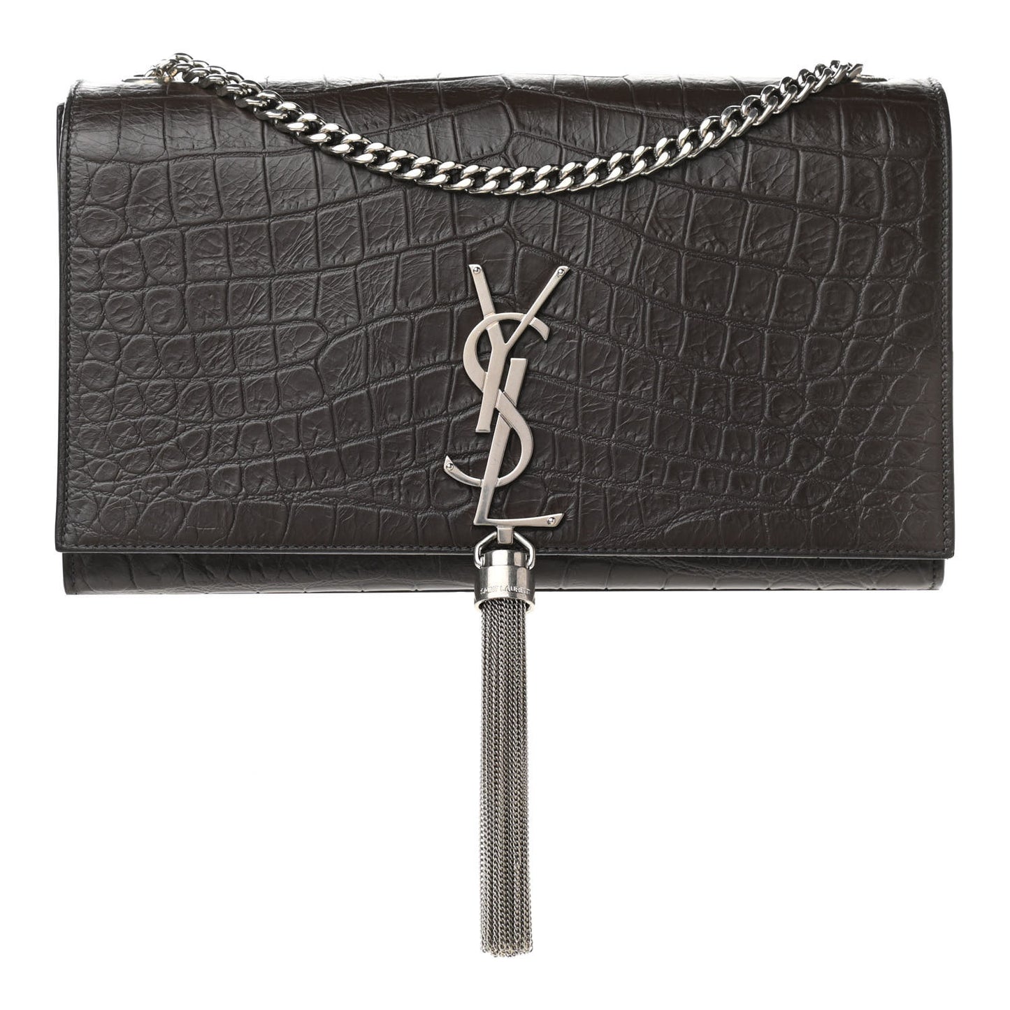 Calfskin Crocodile Embossed Medium Classic Monogram Kate Tassel Satchel Dark Brown