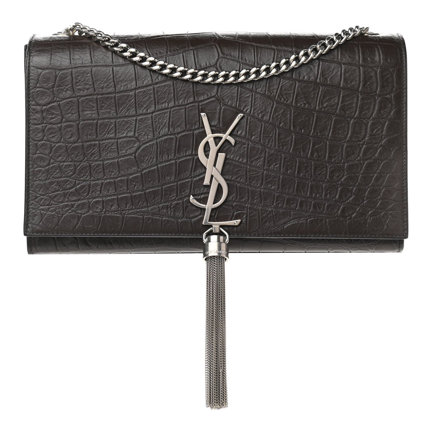 Saint Laurent Calfskin Crocodile Embossed Medium Classic Monogram Kate Tassel Satchel Dark Brown 1 of 10