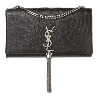 Saint Laurent Calfskin Crocodile Embossed Medium Classic Monogram Kate Tassel Satchel Dark Brown 1 of 10