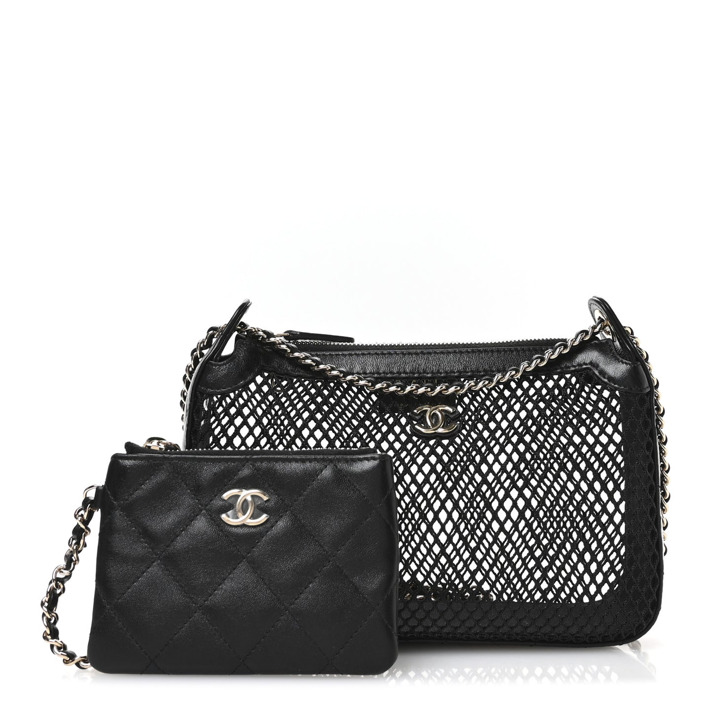 Mesh Shiny Lambskin Clutch With Chain Black