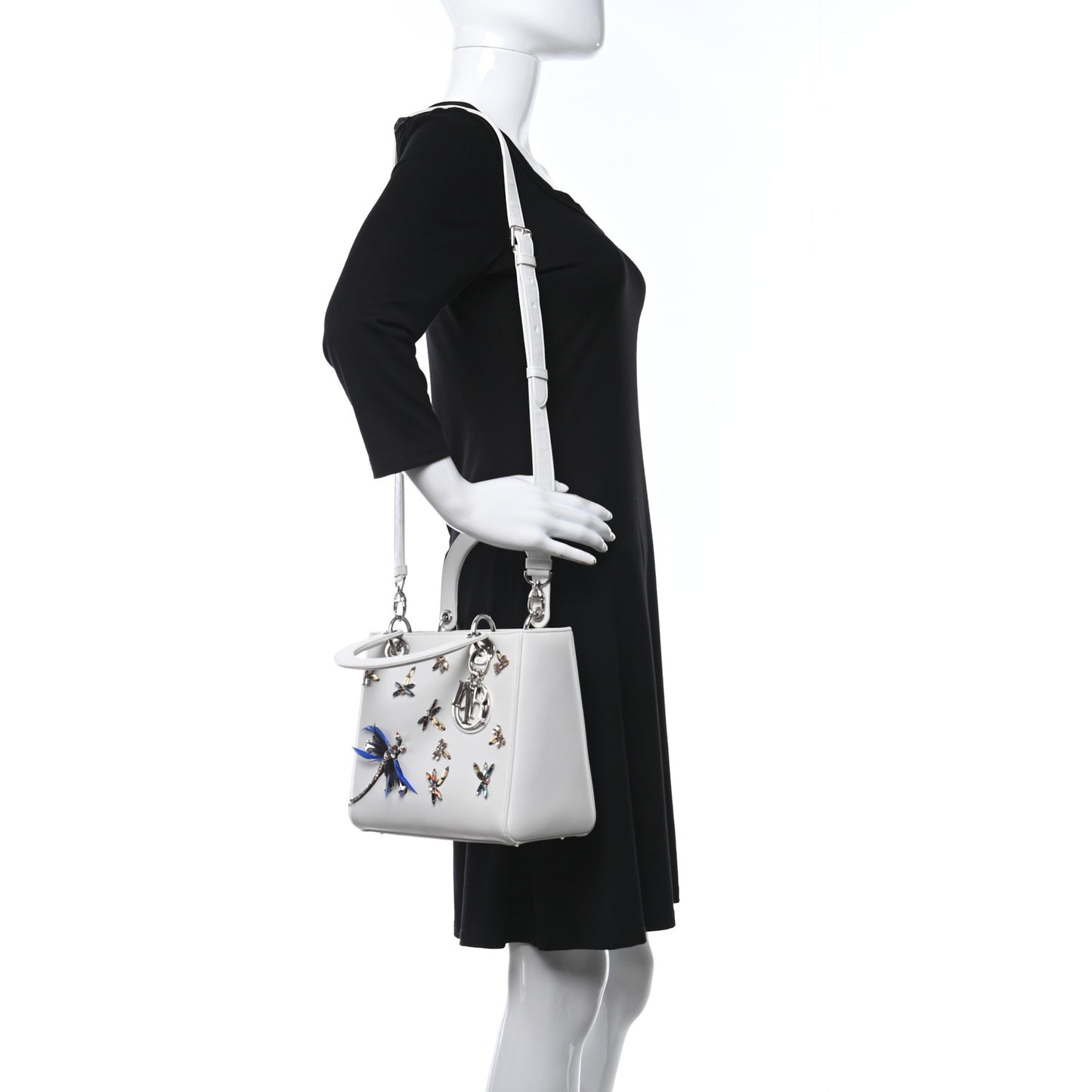 Smooth Calfskin Embellished Dragonfly Medium Lady Dior White Multicolor