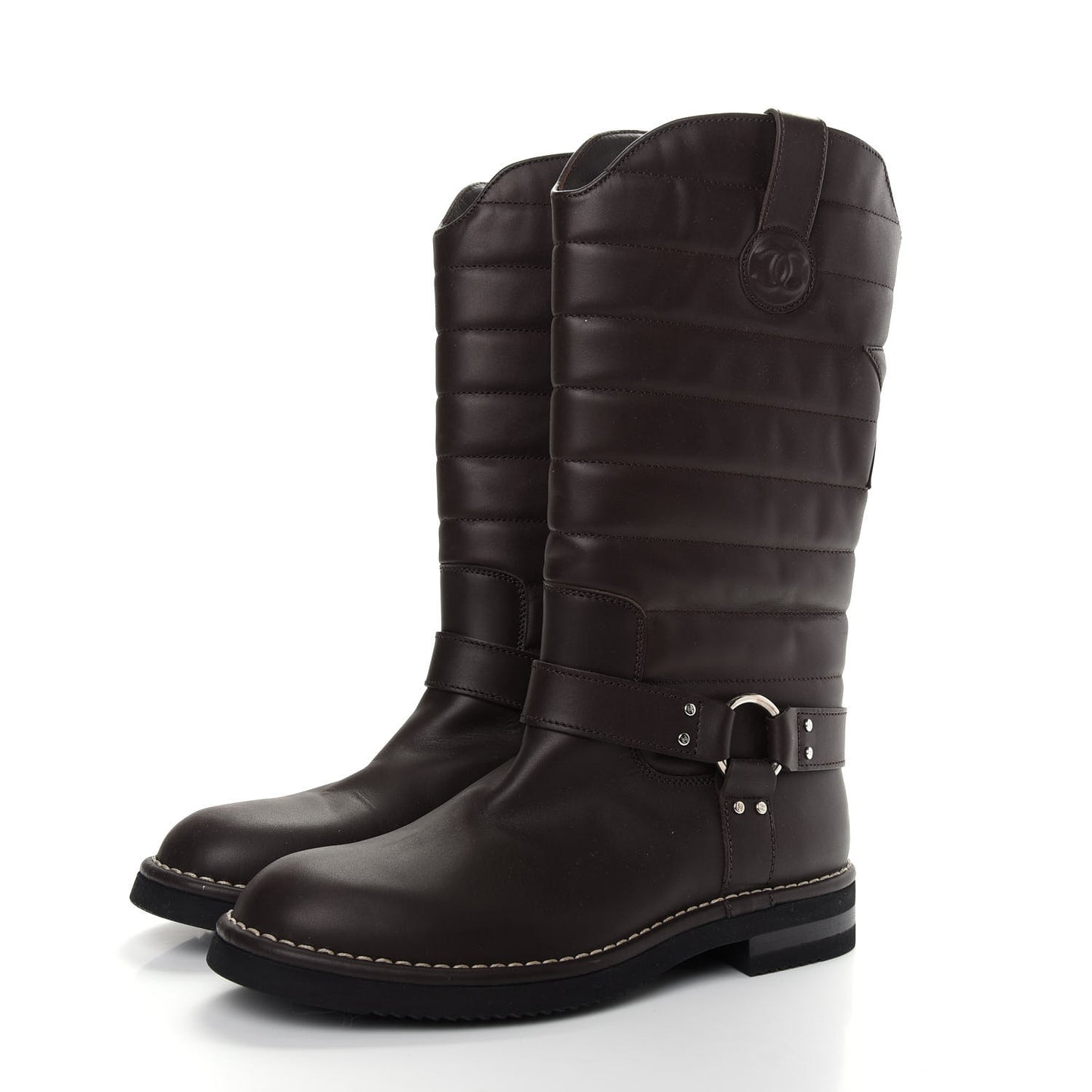 Calfskin Star Quilted Biker Boots 39.5 Brown