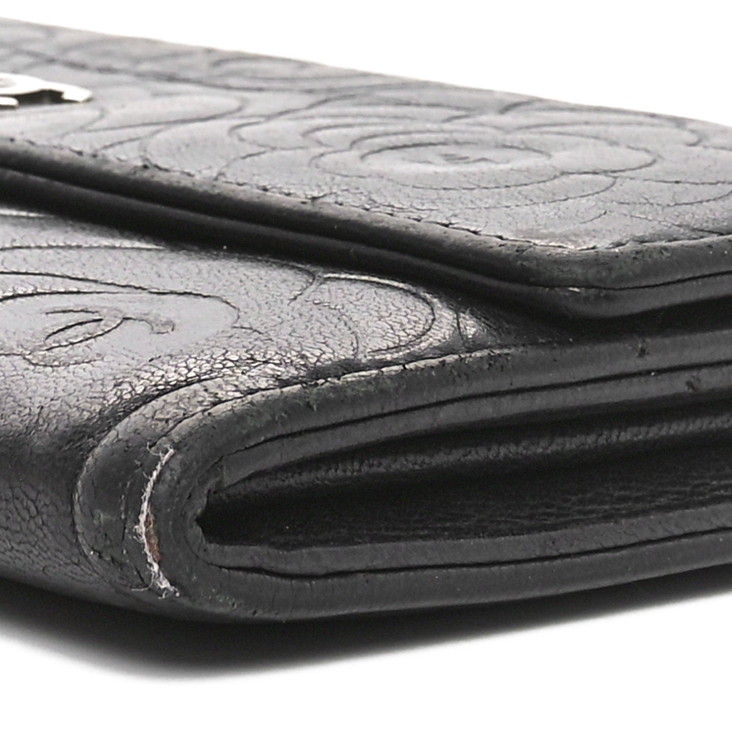 Lambskin Camellia Embossed Large Gusset Flap Wallet Black