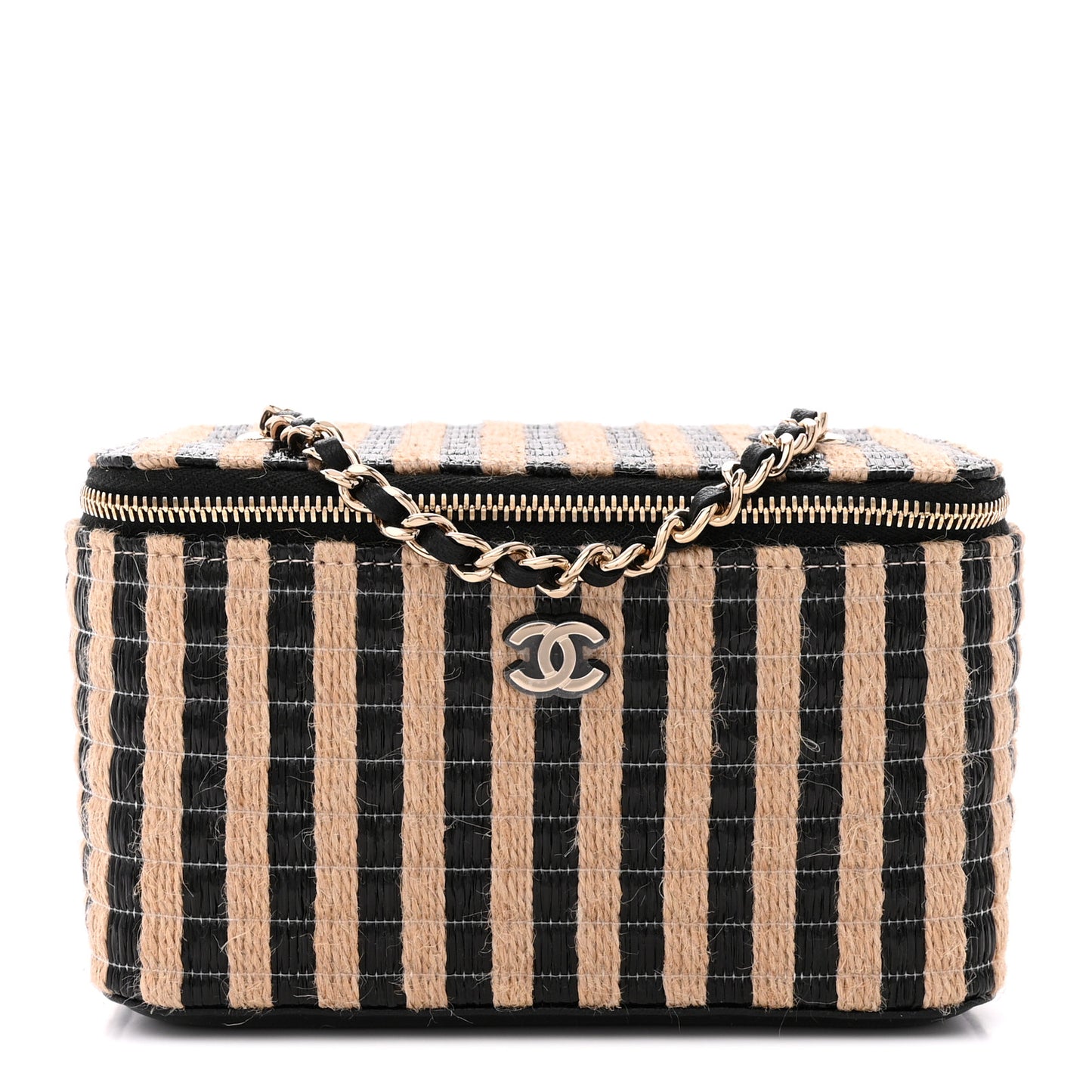 Raffia Jute Striped Small Vanity Case With Chain Black Beige