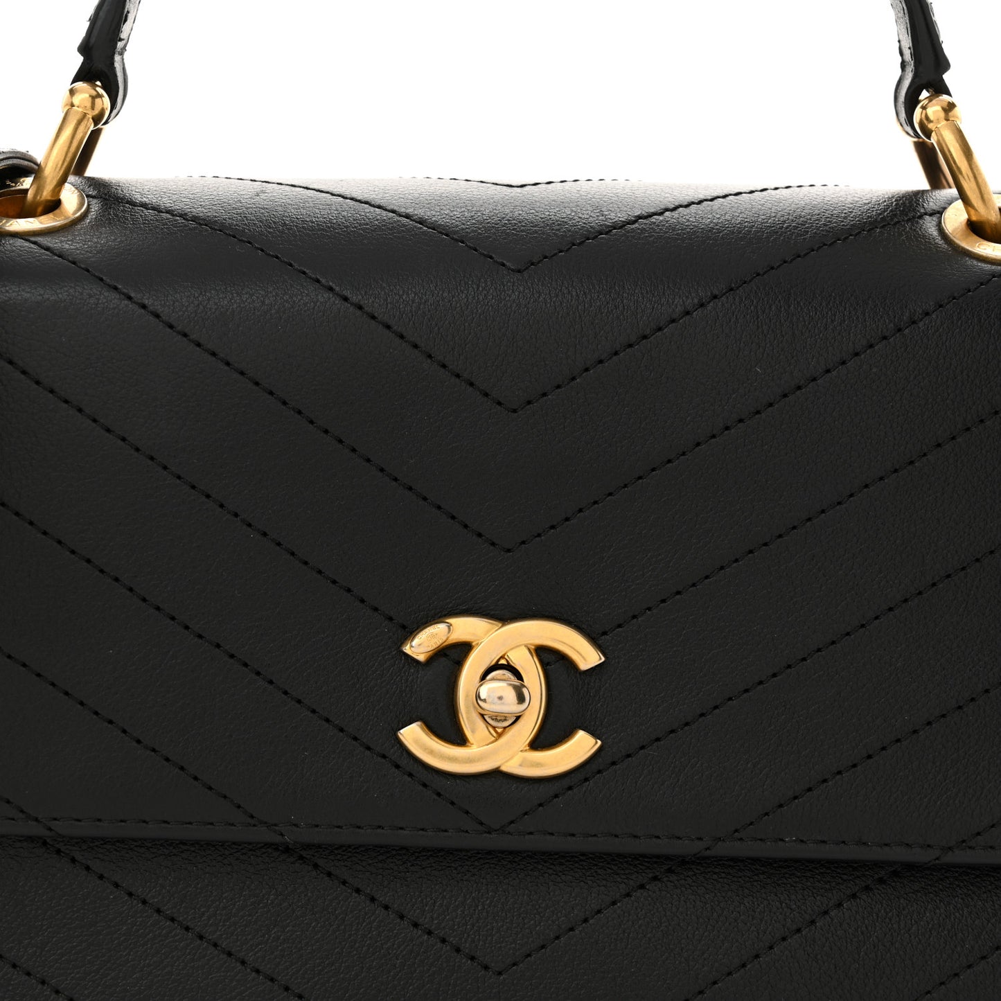 Grained Calfskin Snakeskin Small Chevron Chic Top Handle Flap Black