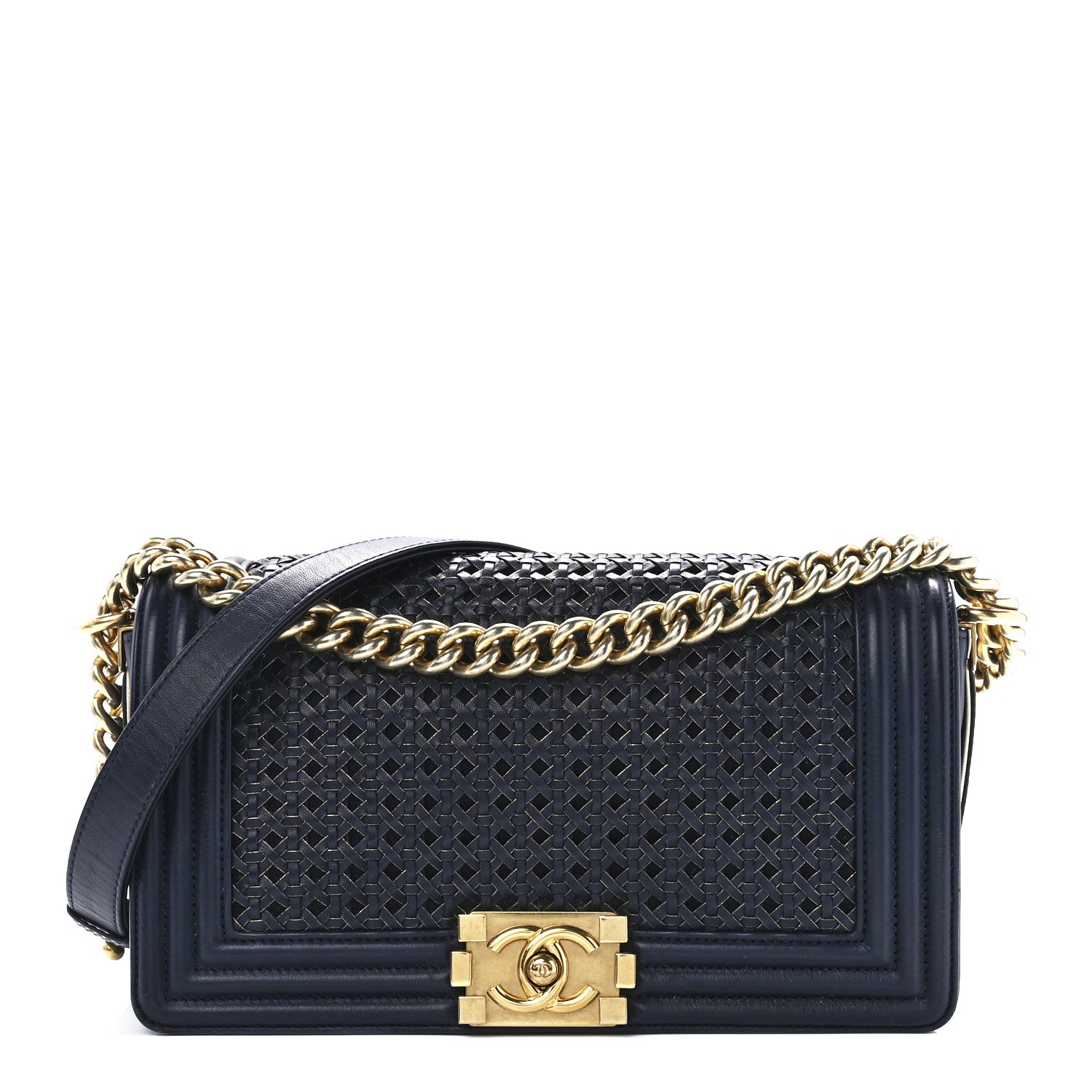 Chanel Lambskin Braided Woven Medium Boy Flap Navy Black 1 of 10