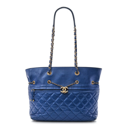 Chanel Calfskin Front Zip CC Drawstring Chain Drawstring Tote Blue 1 of 14