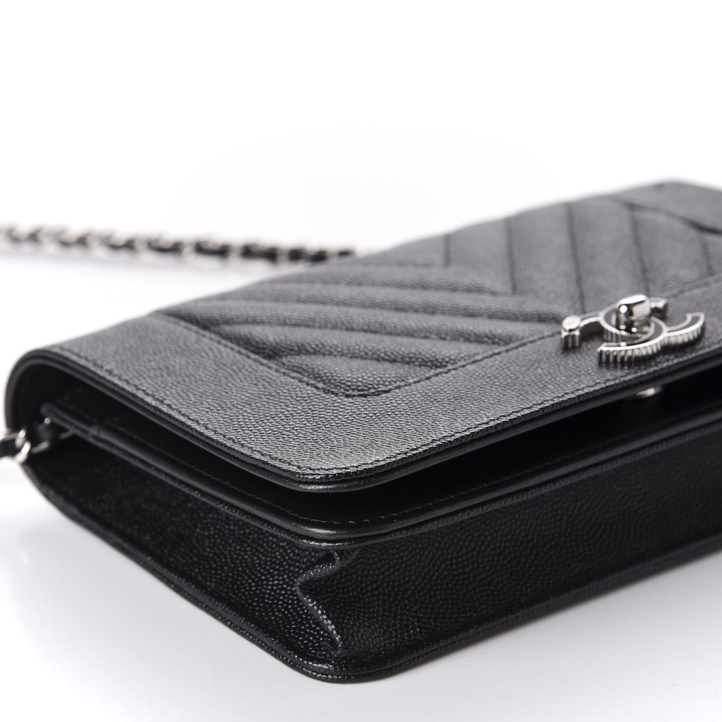 Caviar Chevron Quilted Vintage Mademoiselle Wallet On Chain WOC Black