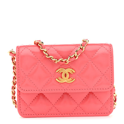 Chanel Shiny Lambskin Quilted Card Holder On Chain Pink 1 of 10